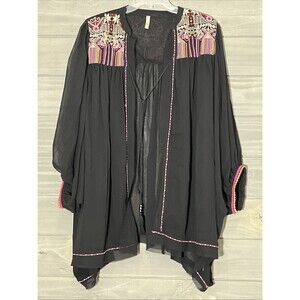 CY Embroidered Kimono Cardigan Sheer Black Womens L